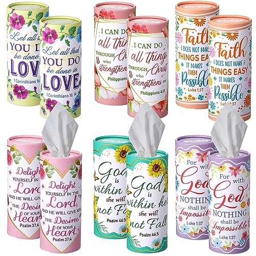 Outus 12 Pack Floral Christian Car Tissue Holder Cylinder with 3 Ply Facial Napkin Refillable Round Tube Tissue Boxes Container for Car Cup Holder SUV Home Office Travel Religious Bible Verse Gift