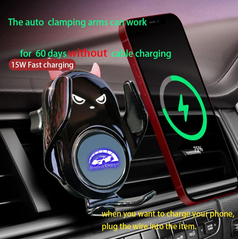 Wireless Car Charger Mount Auto Clamping 15W Fast Charging Cute Demon Design for iPhone Samsung Andriod Phone - color: Black