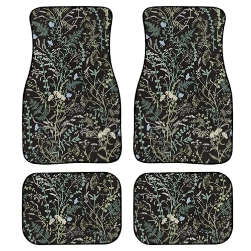 Botanical Plants Car Floor Mats Hand Drawn Ditsy Wildflowers Herbs and Green Leaves Floor Mats for Cars Universal Vehicle Front Rear Foot Carpet Rugs All Weather Fit for Trucks SUV Sedans - color: Sage Green