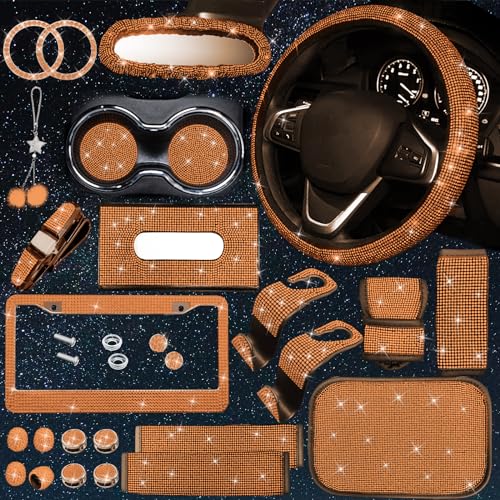 25PCS Bling Car Car Accessories Set,15 Inch Steering Wheel Cover,Shiny License Plate Frame,Center Console Cover and Rearview Mirror Set and Other Car Accessories(Orange) - color: Orange