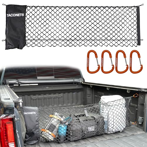 TacoNets Envelope Cargo Net for GMC Sierra & Chevy Silverado - Fits 2013-Current - Upgraded 5mm Bungee - Integrated Storage Bag - Heavy Duty Carabiners - Designed in USA - style: Chevy Silverado / GMC Sierra 2013+