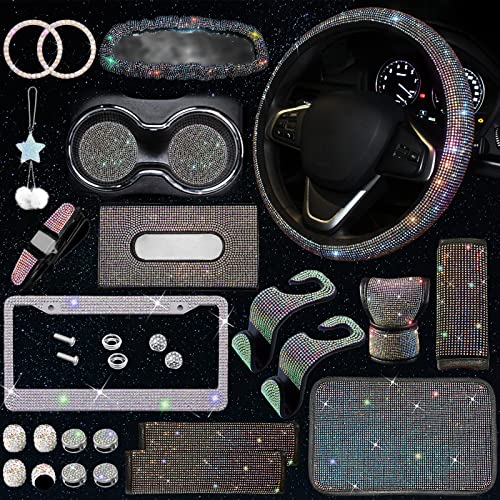 25PCS Bling Car Car Accessories Set,15 Inch Steering Wheel Cover,Shiny License Plate Frame,Center Console Cover and Rearview Mirror Set and Other Car Accessories(Multicolor) - color: Multicolor