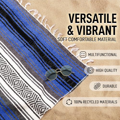 Hydration Nation Authentic Extra Large Mexican Blanket - 70"x50" Handwoven Yoga, Serape, Artisanal Falsa, Beach, Camping, Picnic, Outdoor Blanket - King Blue - color: King Blue