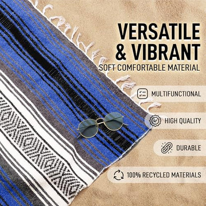 Hydration Nation Authentic Extra Large Mexican Blanket - 70"x50" Handwoven Yoga, Serape, Artisanal Falsa, Beach, Camping, Picnic, Outdoor Blanket - King Blue - color: King Blue
