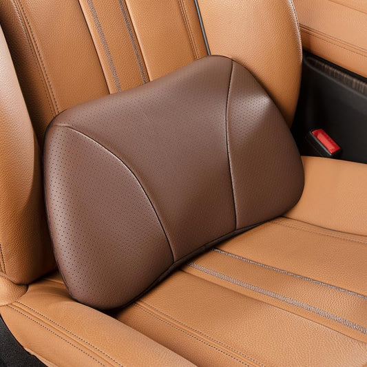Genuine Leather Lumbar Support Pillow,Back Pain Relief Cushion,fits Tightly Around Waist,Real Cowhide,Memory Foam,fit Car Drive,Office Chair,Rest seat,Improve Posture,Portable,15.5''Lx 8.7''H - color: Coffee, size: 1P Cowhide Leather Lumbar pillow