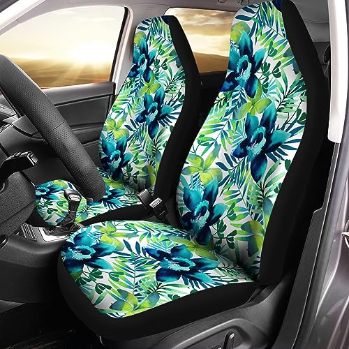 Howilath Universal Car Seat Covers Full Set of 2, Blue Hibiscus Floral Leaves Printed Auto Front Bucket Seats Protector Car SUV Interior Accessories - color: Blue Hibiscus Floral Leaves