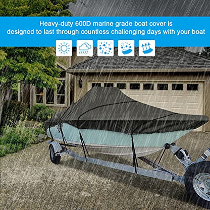 iCOVER Center Console Boat Cover, 600D Heavy Duty Marine Grade Waterproof Tear Resistant Boat Covers, Fits Boats 17'-19' Long Beam Width up to 102", Trailerable Boat Cover with Support Pole, Black