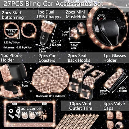 NBTEPEM 27 PCs Gold Champagne Bling Car Accessories Set for Women, Steering Wheel Covers Universal Fit 15 Inch, Bling License Plate Frame, Bling Phone Holder, Bling Car Coasters - color: Gold Champagne