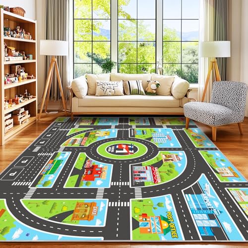 Kids Area Rugs for Playroom Non-Silp Carpet 7x9Ft Washable Rug for Childs, City Road, Building, Landmark Playmat for Kids Bedroom Playroom