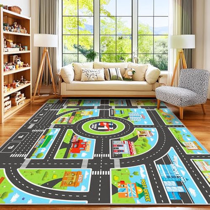 Kids Area Rugs for Playroom Non-Silp Carpet 7x9Ft Washable Rug for Childs, City Road, Building, Landmark Playmat for Kids Bedroom Playroom