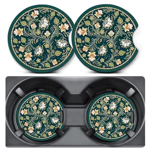 2 Pack Car Coasters for Cup Holders,Floral Car Cup Holder Coasters,2.75" Universal Size Anti Slip Rubber Mat,Automotive Interior Accessories,Floral Gifts for Women,Mom,Her,Wife,Girlfriend - color: Little Flower - Green
