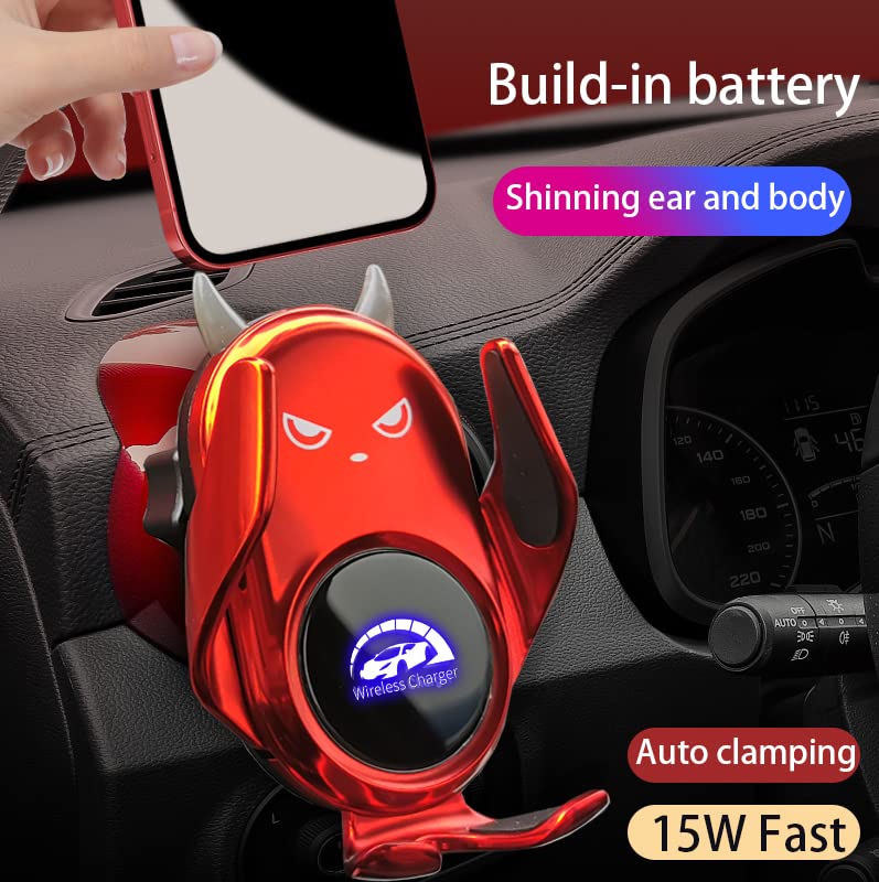 Wireless Car Charger Mount, Auto Clamping,Build-in Battery, Vent Dashboard, Red Cute Demon for Women for iPhone 14/14pro/13/13Pro/12/12Pro/SE/11/X/9, Samsung S22/S21/S20/10/9Note20/10/9 … - color: Red