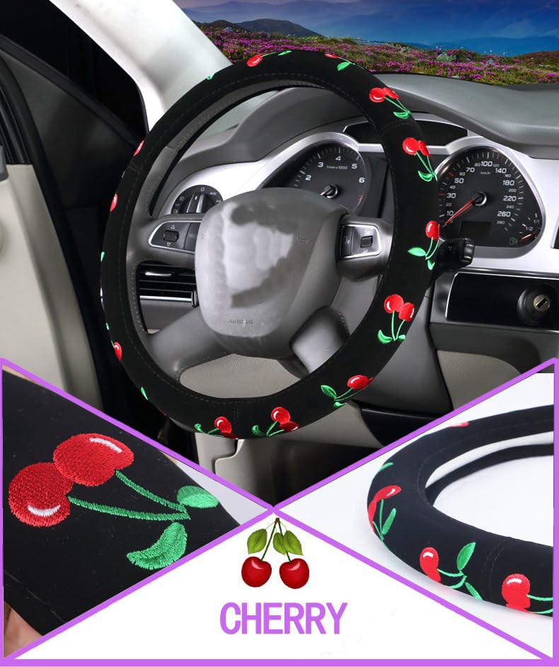 Mayco Bell Automotive Women Embroidery Cute Car Steering Wheel Cover (Cherry) - color: Cherry