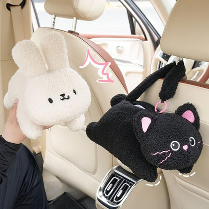 Cute Car Tissue Holder Rabbit Plush Hanging Paper Dispenser Decorative Organizer for Seat Back Funny Animal Design for Home Car Office (Cat)