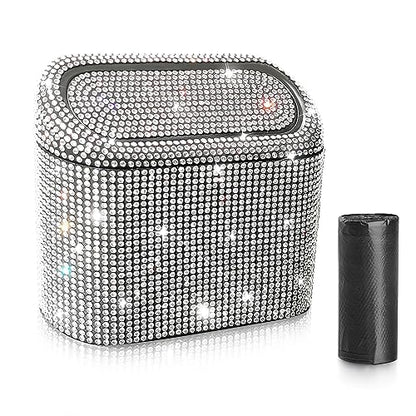 Accmor Bling Car Trash Can with 30pcs Garbage Bags, Vehicle Trash Bin with Lid Auto Dustbin Organizer Garbage Storage, Sparkling Crystal Mini Trash Container Holder - color: Black/White Rhinestone