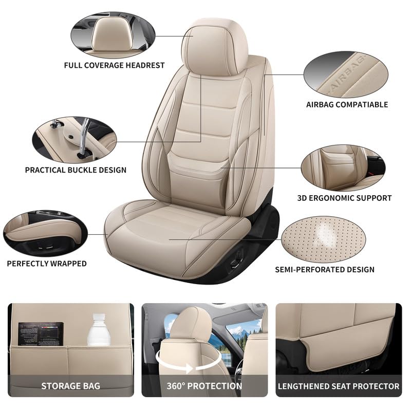 Car Seat Covers Full Set Fit for Hyundai Genesis 2009-2016, Premium Faux Leather Waterproof Car Seat Protectors with Lumbar Support, Breathable Anti-Slip Easy to Install(Beige,Full Set)