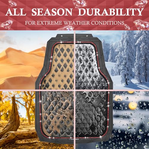 CAR PASS Bling Diamond Rubber Car Mats, Heavy Duty Deep Dish All-Weather Floor Mat Full Set Anti-Slip 3D Rhombus Waterproof Trim to Fit Liner Universal Glitter Sparkly Shining Rhinestone, 3 Pcs Red - color: Red Diamond