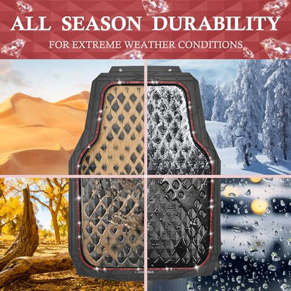 CAR PASS Bling Diamond Rubber Car Mats, Heavy Duty Deep Dish All-Weather Floor Mat Full Set Anti-Slip 3D Rhombus Waterproof Trim to Fit Liner Universal Glitter Sparkly Shining Rhinestone, 3 Pcs Red - color: Red Diamond