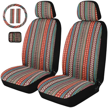 Baja Saddle Blanket Car Seat Covers, Boho Striped Woven Front Seat Protectors, Breathable & Washable Interior Covers, Universal Fit for Most Cars SUVs Trucks, Airbag Compatible, Flower, 8 pcs. - color: FLOWER&RED