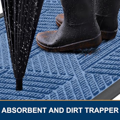 Smiry Front Door Mat Outside Entrance, Heavy Duty Sturdy Natural Rubber Doormat, Trap Dirt and Moisture, Easy Clean Low Profile Mats for Indoor Outdoor Entry, Irregular Triangle (29.5x17, Blue)