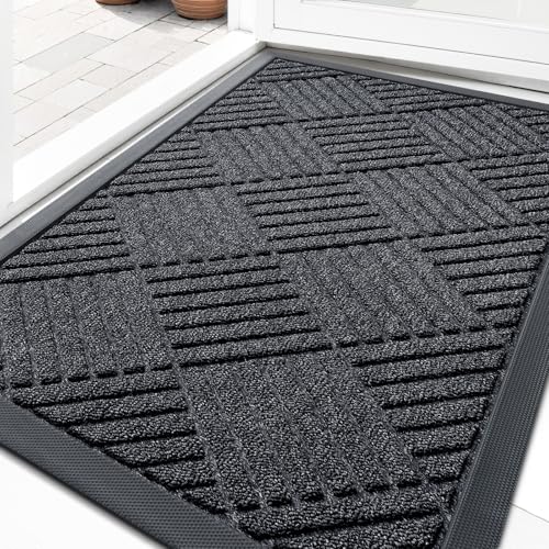 OLANLY Front Door Mat Outside Entrance 29.5x17, Absorbent, Heavy Duty Sturdy Natural Rubber Doormat Indoor Outdoor, Stain Fade Resistant, Non-Slip Low Profile Floor Mat Entryway, Black Gray Diamond - color: Black Gray Diamond, size: 29.5" X 17"