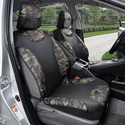 BDK Waterproof Camo Seat Covers for Car Truck Van SUV, 2 Pack – Two-Tone Black & Camouflage, Durable Neoprene Seat Protectors, Sideless Design Compatible with Armrests and Airbags - color: Wateproof Front Seat Covers