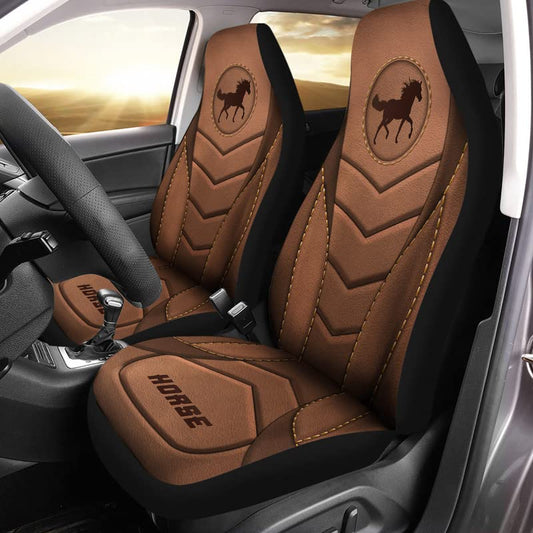 Bulopur Brown Leather Horse Car Seat Covers 2 PCS Elastic Bucket Seat Front Seat Protector Cover Universal for Vehicle SUV Sedan Trucks for Women Men - color: Brown Leather Horse
