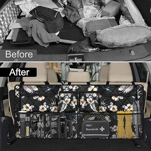 Femuar Car Trunk Organizer, Large Capacity Backseat Trunk Organizer (42"*18"), Collapsible Car Storage Bag with 8 Pockets - Hibiscus - color: Hibiscus