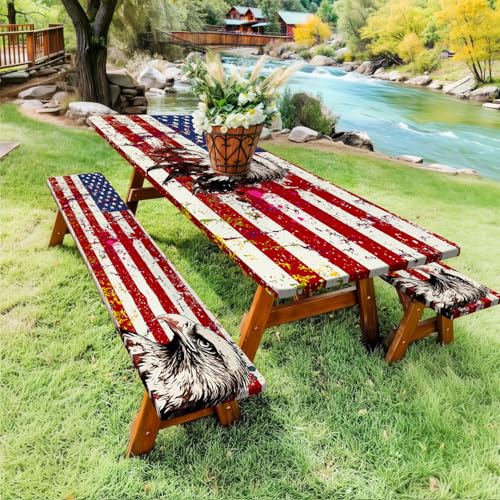 American Flag Picnic Table Cover with Bench Covers Waterproof Windproof Elastic Fitted Outdoor Camping RV Tablecloths with Drawstring Bag Reusable Rectangle Tables and Seats Cover 30X72IN 30X60IN - color: Red, size: 30" x 60" (Rectangular)