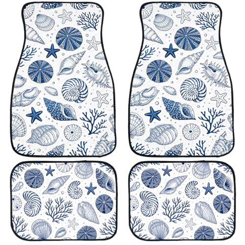 4 Piece Seashell Car Floor Mats Blue Nautical Coral Starfish Pattern Decorative Car Floor Carpets Front Rear Carpets Mat Non-Slip Auto Car Accessories Universal Fit Car Accessories for Truck - color: Seashell