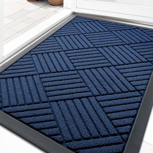 OLANLY Front Door Mat Outside Entrance 29.5x17, Absorbent, Heavy Duty Sturdy Natural Rubber Doormat Indoor Outdoor, Stain Fade Resistant, Non-Slip Low Profile Floor Mat for Entryway, Navy Blue Diamond - color: Navy Blue Diamond, size: 29.5" X 17"