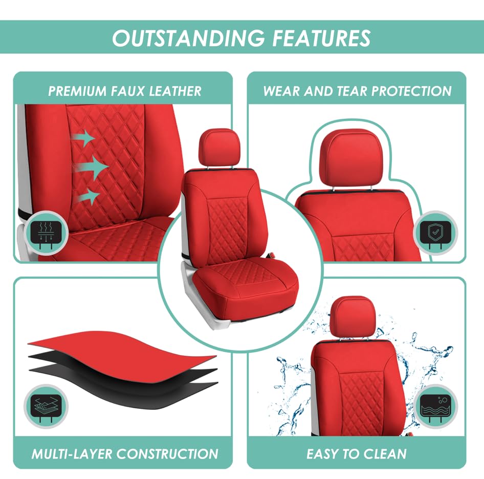 FH Group Deluxe Faux Leather Diamond Pattern Front Set Car Seat Cushions (Red) with Gift - Universal Fit for Cars, Trucks, & SUVs - color: Red