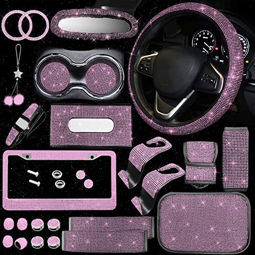 25PCS Bling Car Car Accessories Set,15 Inch Steering Wheel Cover,Shiny License Plate Frame,Center Console Cover and Rearview Mirror Set and Other Car Accessories(Pink) - color: Pink