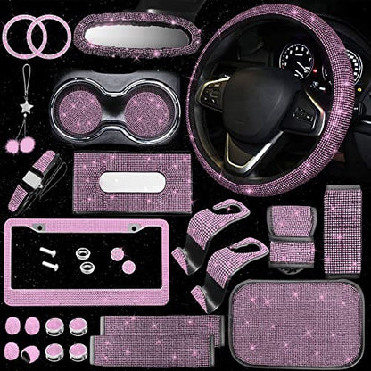 25PCS Bling Car Car Accessories Set,15 Inch Steering Wheel Cover,Shiny License Plate Frame,Center Console Cover and Rearview Mirror Set and Other Car Accessories(Pink) - color: Pink