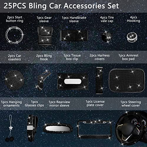 25PCS Bling Car Car Accessories Set,15 Inch Steering Wheel Cover,Shiny License Plate Frame,Center Console Cover and Rearview Mirror Set and Other Car Accessories(Black) - color: Black