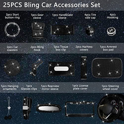 25PCS Bling Car Car Accessories Set,15 Inch Steering Wheel Cover,Shiny License Plate Frame,Center Console Cover and Rearview Mirror Set and Other Car Accessories(Black) - color: Black