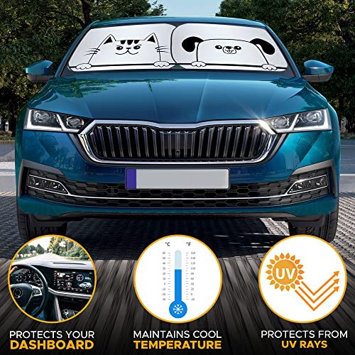 EcoNour Windshield Sun Shade Cartoon Design Medium Size (31" L x 28" W), Funny Printed Car Sunshade Foldable, 240T Polyester Blocks Heat and UV Rays for Front Window Protection - size: Medium-Dog & Cat
