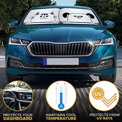 EcoNour Windshield Sun Shade Cartoon Design Medium Size (31" L x 28" W), Funny Printed Car Sunshade Foldable, 240T Polyester Blocks Heat and UV Rays for Front Window Protection - size: Medium-Dog & Cat
