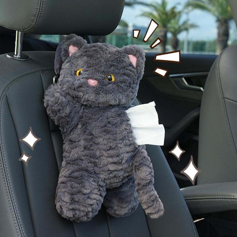 Cute Cat Car Tissue Holder Plush Kitten Paper Box for Backseat Adorable Hanging Organizer & Decor for Women Pet Lovers & Gifts (Black)