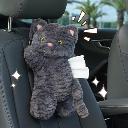 Cute Cat Car Tissue Holder Plush Kitten Paper Box for Backseat Adorable Hanging Organizer & Decor for Women Pet Lovers & Gifts (Black)