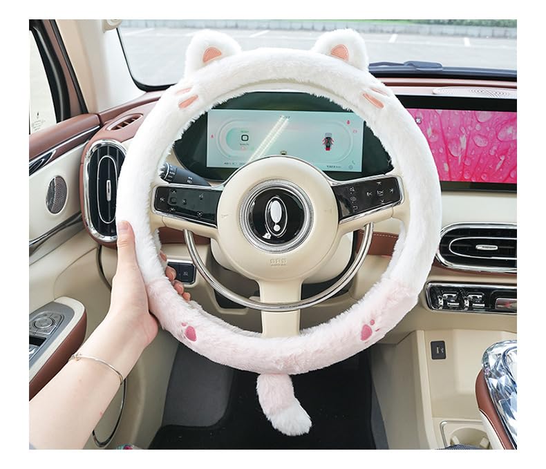 Cute Cat Car Steering Wheel Cover,Anti-Slip Universal Fit 15inches Car Wheel.Cute Cat Style Fluffy Genuine Wool Sheepskin Auto Steering Wheel Cover for Women Men Girls Boy.