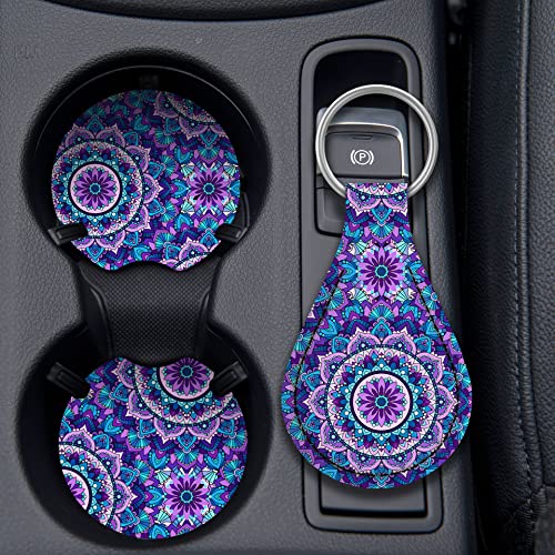 4 Pieces Mandala Purple Lotus Steering Wheel Cover Set with 2pcs Car Cup Coasters & Quarter Keyring, Cute and Fashionable Non-Slip Purple Steering Wheel Cover, Universal Fit 14-15.5 inches