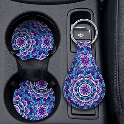 4 Pieces Mandala Purple Lotus Steering Wheel Cover Set with 2pcs Car Cup Coasters & Quarter Keyring, Cute and Fashionable Non-Slip Purple Steering Wheel Cover, Universal Fit 14-15.5 inches