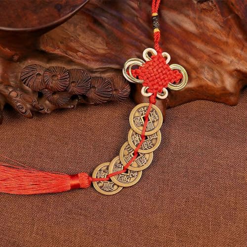 Feng Shui Gold Coins Chinese Luck Charm, Red Knot Wall Hanging for Car,House,Office, Wealth and Success Five Emperor Money(5coins) - 2pcs