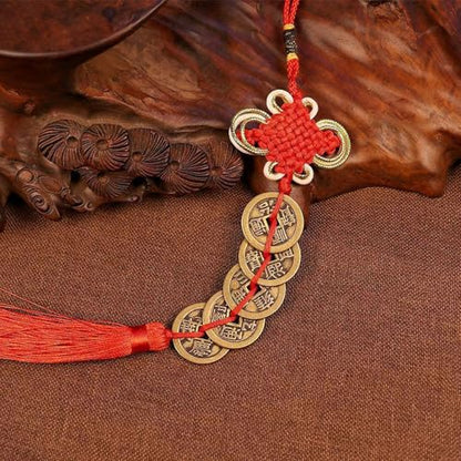 Feng Shui Gold Coins Chinese Luck Charm, Red Knot Wall Hanging for Car,House,Office, Wealth and Success Five Emperor Money(5coins) - 2pcs