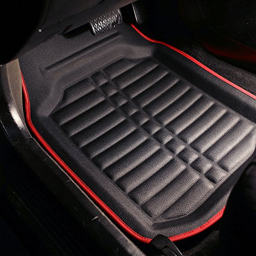 FH Group Automotive Floor Mats - PU Leather Floor Mats, Deep Dish Design, Floor Mats for Cars, Universal Fit Floor Mats Front Set, Floor Mats for Most Sedan, SUV, Truck Floor Mats Red Black