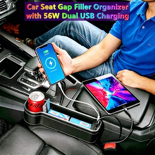 2 Pack Car Seat Gap Organizer,Multifunctional Seat Gap Storage Box with USB Fast Charger, Car Seat Pockets with Led Light, Car Seat Gap Filler with Cup Holder (Black)