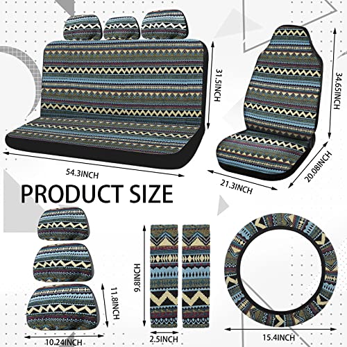 Frienda 14 Pcs Baja Car Seat Covers Full Set Multicolor Stripe Boho Print Steering Wheel Cover Seat Belt Cover Crystal Hanging Ornament Car Holders Fits (Bohemia Style) - style: Bohemia Style