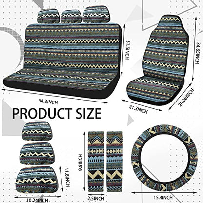 Frienda 14 Pcs Baja Car Seat Covers Full Set Multicolor Stripe Boho Print Steering Wheel Cover Seat Belt Cover Crystal Hanging Ornament Car Holders Fits (Bohemia Style) - style: Bohemia Style