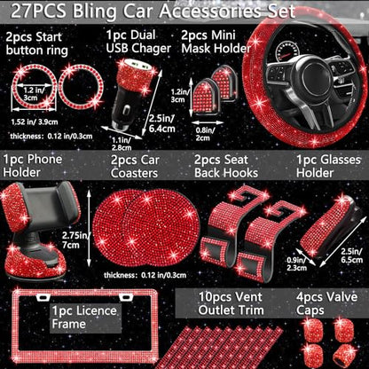 NBTEPEM 27 PCs Red Bling Car Accessories Set for Women, Steering Wheel Covers Universal Fit 15 Inch, Bling License Plate Frame, Bling Phone Holder, Bling Car Coasters (Red Diamond) - color: Red Diamond